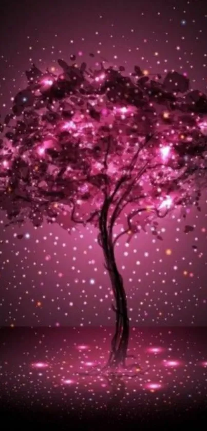 Mobile wallpaper of a glowing pink tree against a starry background.