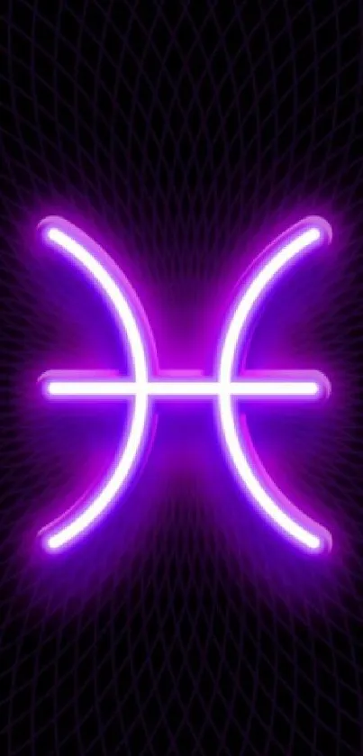 Neon Pisces symbol on dark textured background.