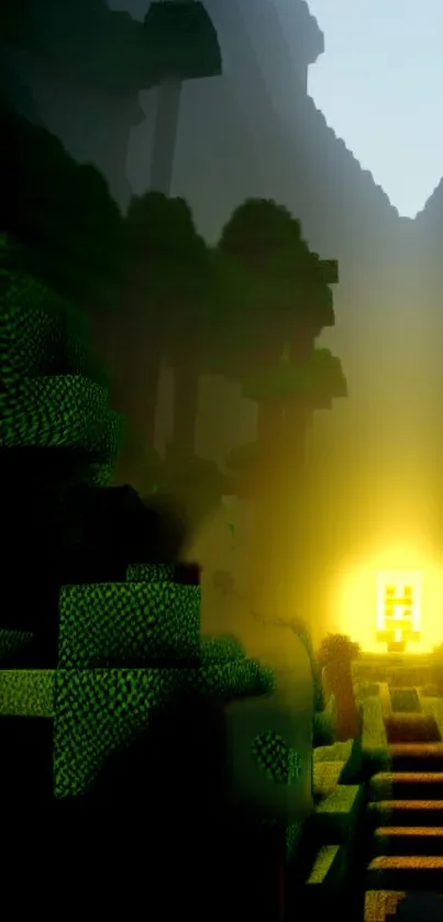 Pixelated forest with glowing light in valley.