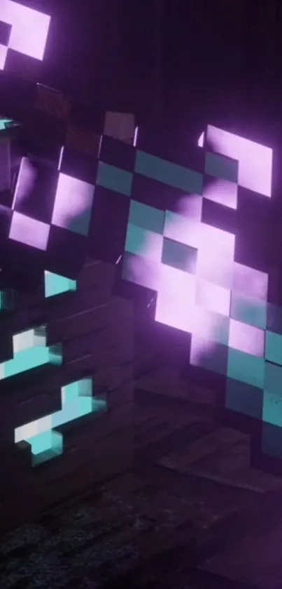 Pixelated sword in purple and teal glowing blocks.