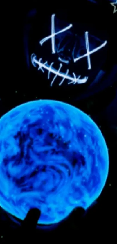 Glowing blue planet held by neon masked figure.