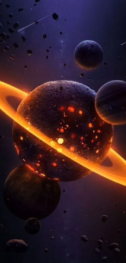 Glowing planets with orange rings in deep space digital wallpaper.