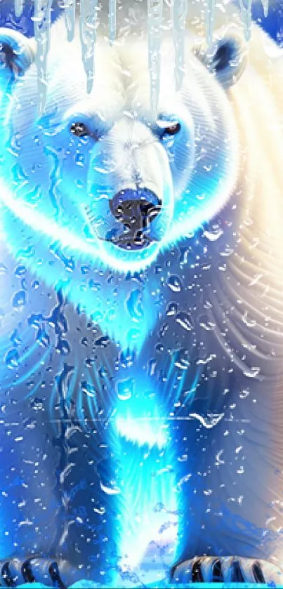 Glowing polar bear with icy blue tones and water droplets on mobile wallpaper.