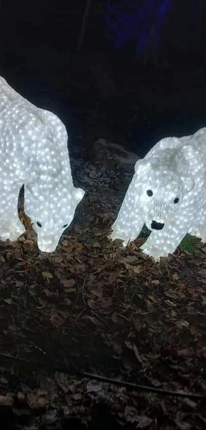 Glowing polar bears on dark leafy forest background.