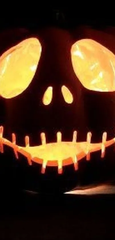 Glowing Jack-o'-lantern with bright orange eyes and mouth for Halloween.