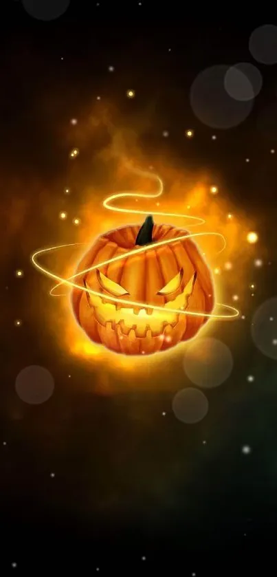 Glowing pumpkin with swirling orange light on dark background.