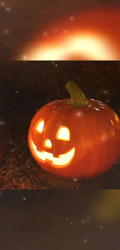 Glowing carved pumpkin in a dark, festive setting.