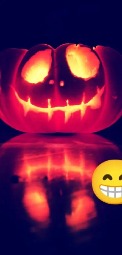 Halloween wallpaper with glowing pumpkin and emoji.