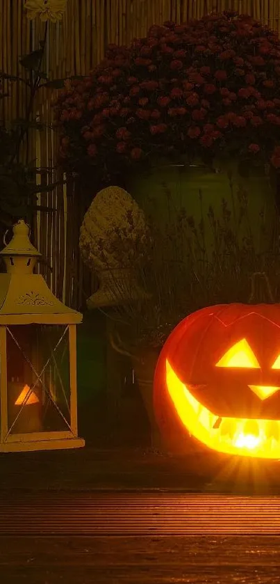 Glowing jack-o'-lantern on rustic deck for Halloween.
