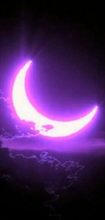 Purple crescent moon glowing in the night sky.