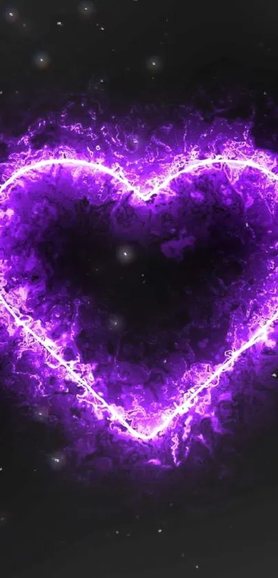 Vibrant purple glowing heart on dark background, perfect for mobile wallpaper.