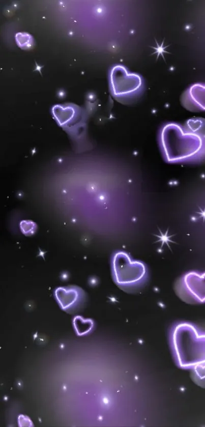 Dreamy purple neon hearts with stars on dark background wallpaper.