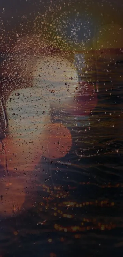 Glowing raindrops on window with sunset view.