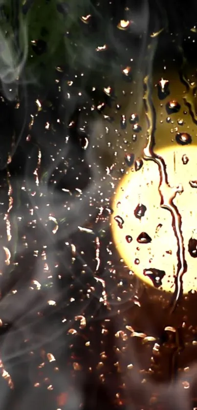 Rainy night with glowing light and water droplets on a dark background.