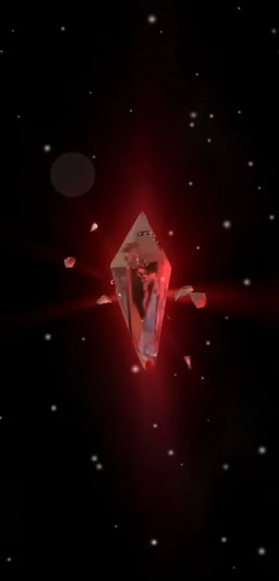 Luminous red crystal floating in space.