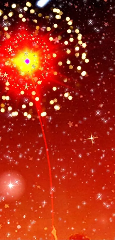 Red fireworks burst in a starry night sky, creating a glowing effect.