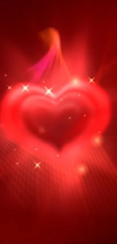 Vibrant glowing red heart with sparkling lights.