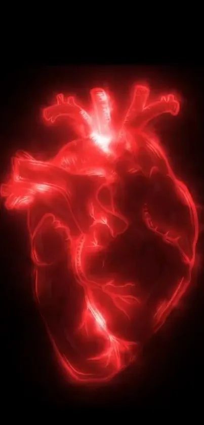 Neon red heart artwork on a black background.