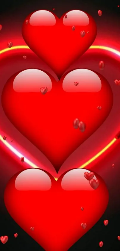 Mobile wallpaper with glowing red hearts and neon lights