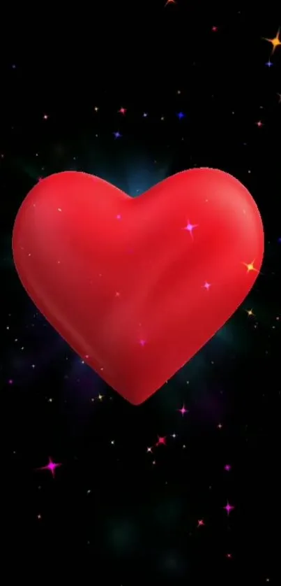 Red heart glows in the center with starry backdrop.