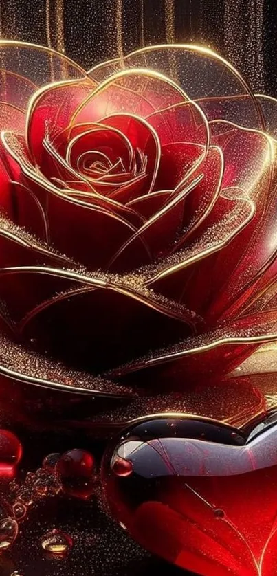 Glowing red rose and heart artistic wallpaper.