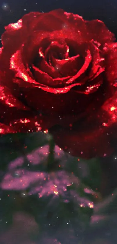 Glowing red rose with sparkling petals and dark background.