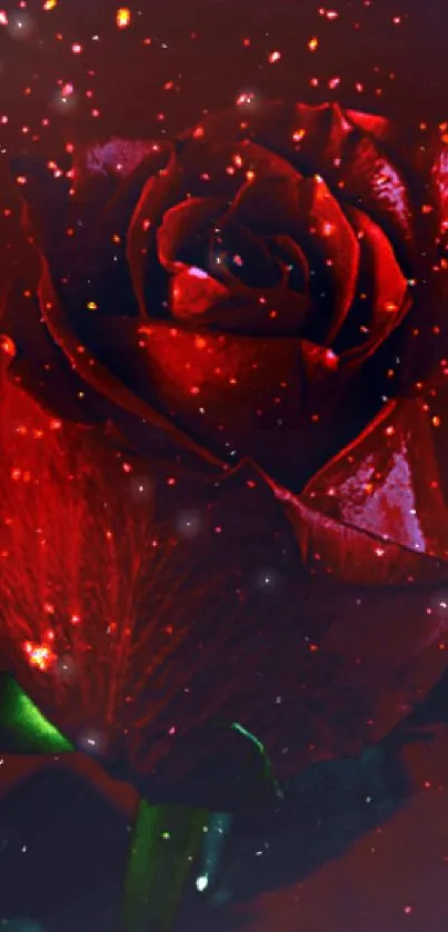 Glowing red rose with sparkles on a dark background.