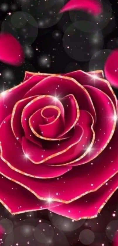 Stylish glowing red rose with sparkles on a dark background.