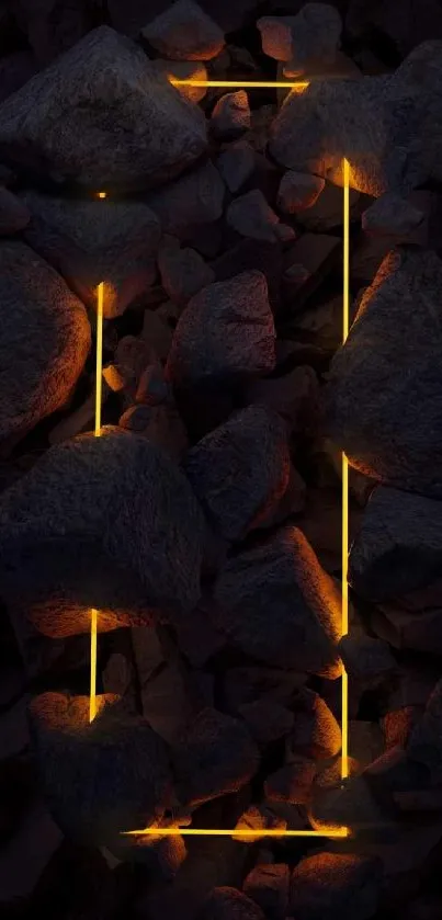 Dark rocks with glowing lines forming a rectangle pattern.