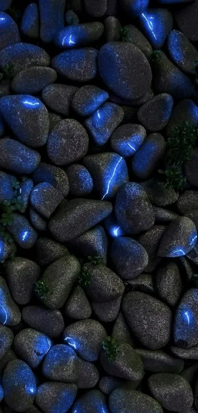 Mobile wallpaper with glowing blue rocks.