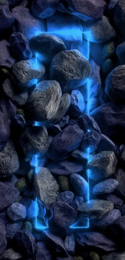 Blue neon lines through textured rocks wallpaper.