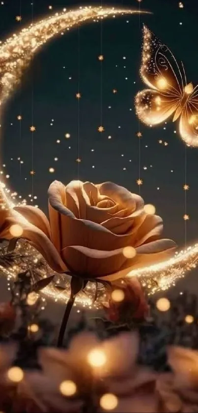 Glowing rose with crescent moon and butterfly design wallpaper.