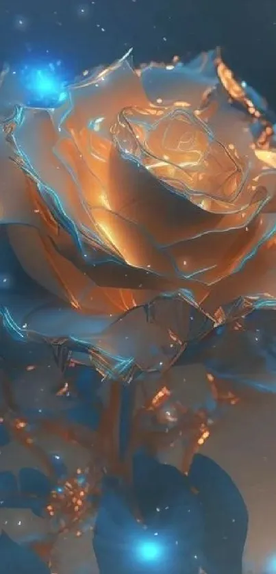 A glowing rose with bluish and orange hues creating an ethereal mobile phone wallpaper.