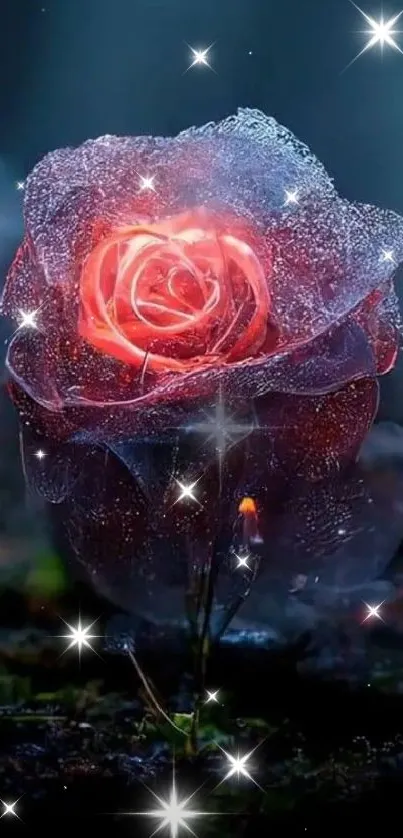 Glowing rose with dewdrops against dark background.