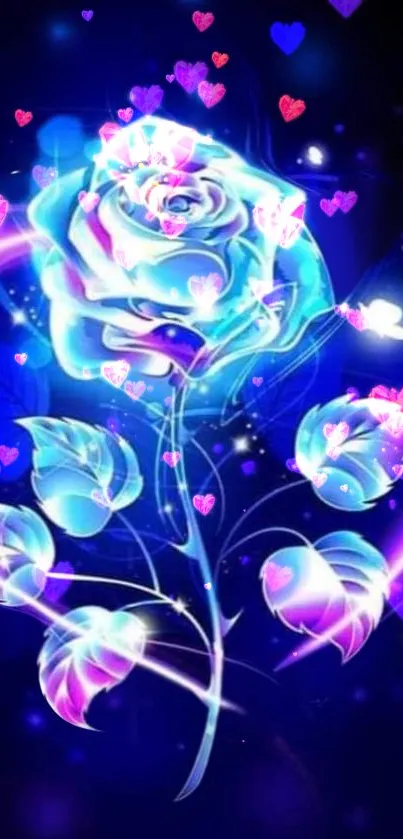 Neon rose and heart mobile wallpaper with vibrant blue tones.