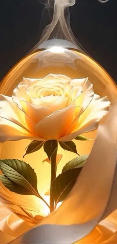 Glowing rose in a mystical glass with elegant design.