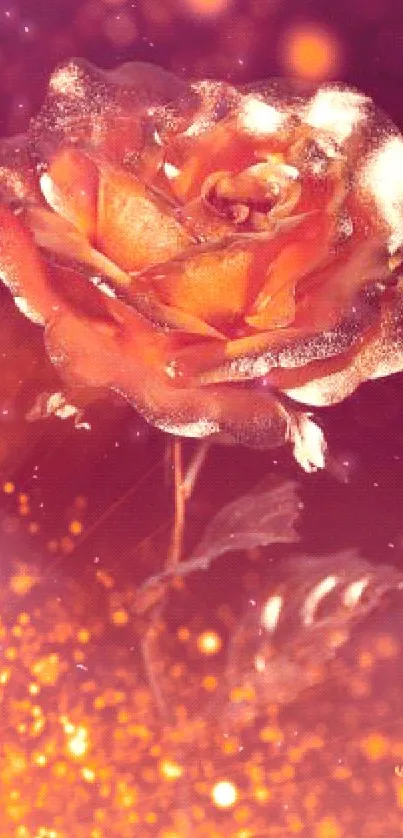 Vibrant glowing rose with sparkles on a mobile wallpaper.