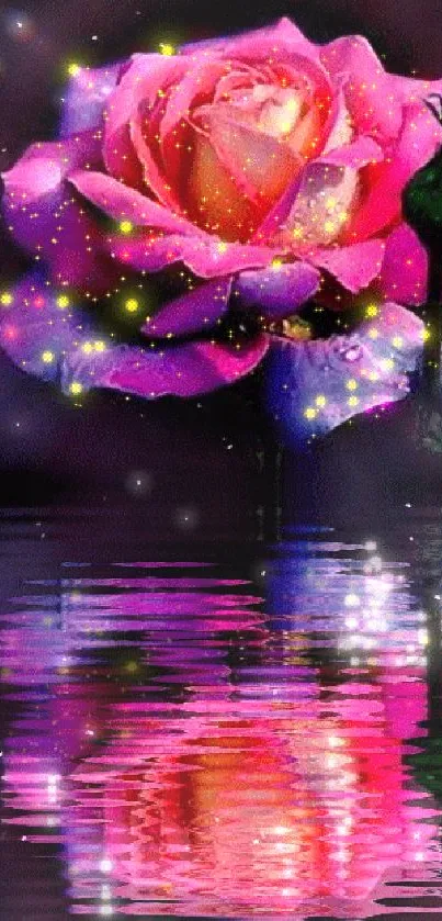 Glowing pink rose with magical sparkles and reflection in water.