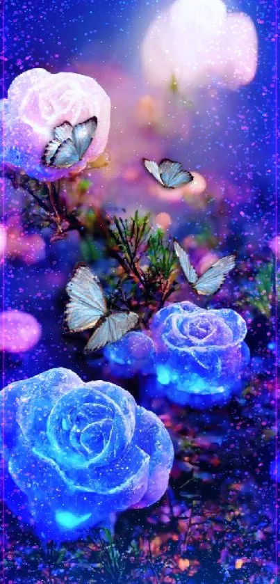 Glowing roses and butterflies on a mystical background.