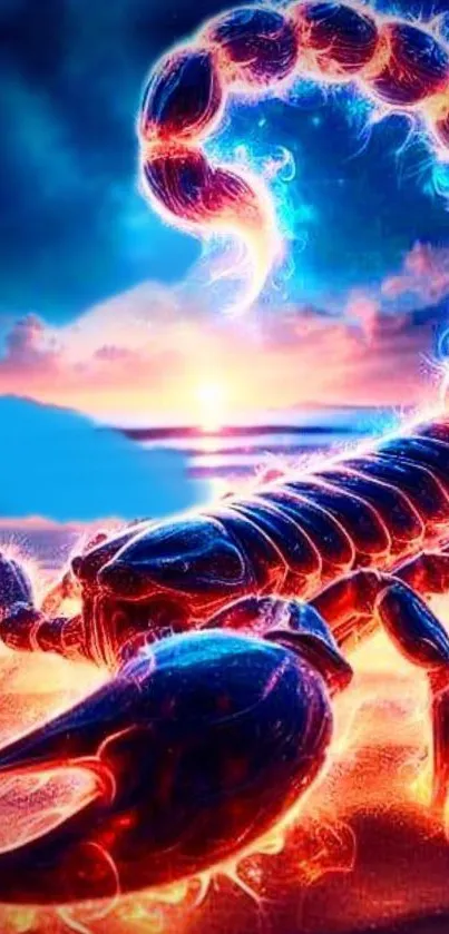 A glowing scorpion with neon effects at sunset on a beach.