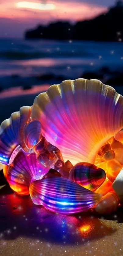 Glowing seashells on a beach at sunset with vibrant colors and ocean view.