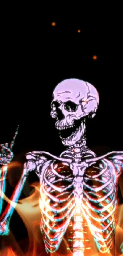 Neon glowing skeleton with dark background.