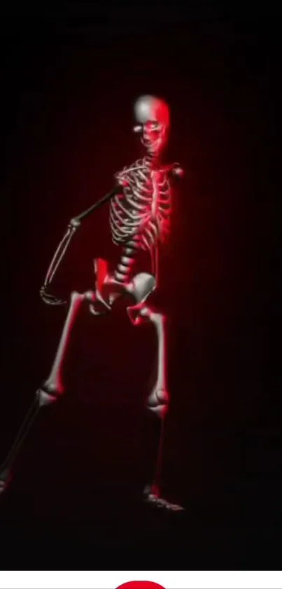 Glowing red skeleton on black background, striking mobile design.