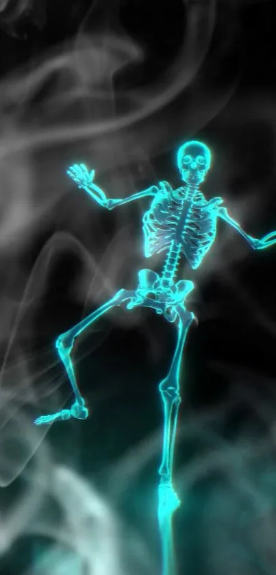 Glowing skeleton with smoke on a dark background mobile wallpaper.