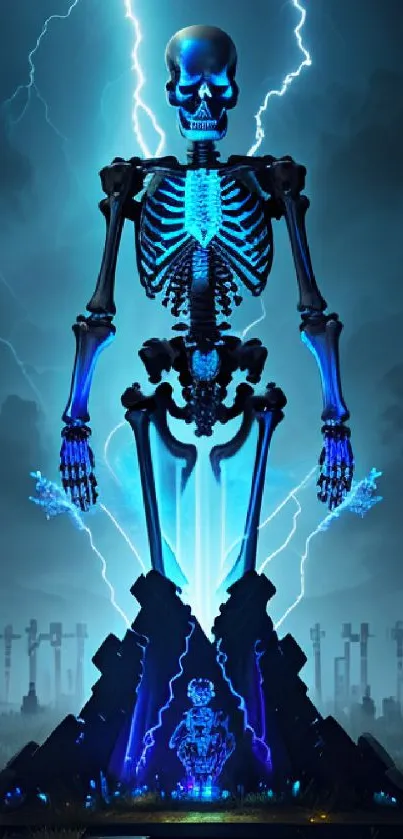 Glowing blue skeleton with lightning in a cemetery background.