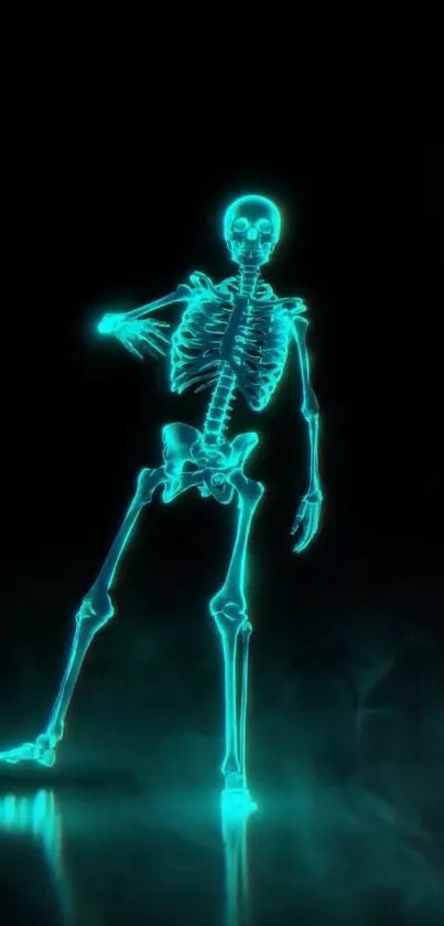 Glowing cyan skeleton on dark background for mobile wallpaper.