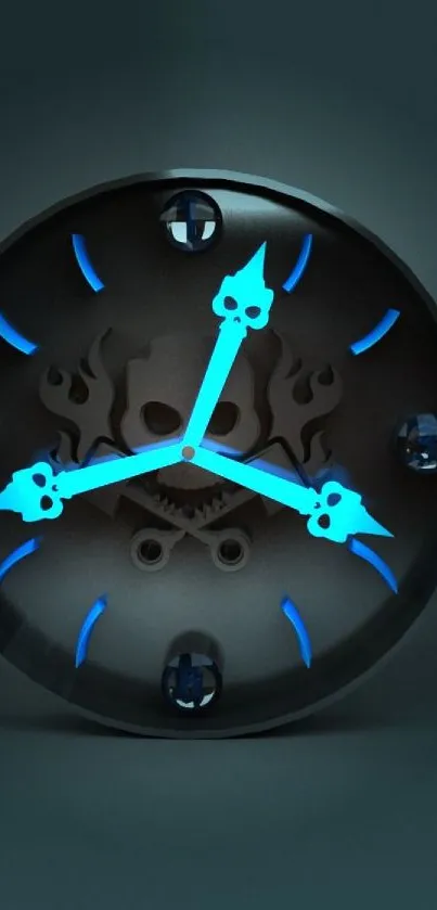 Glowing blue skull clock on dark background.