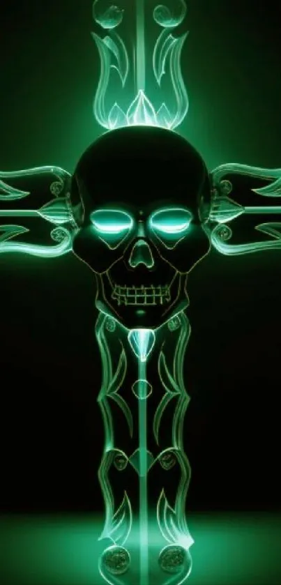 Neon green glowing skull cross design on dark background.