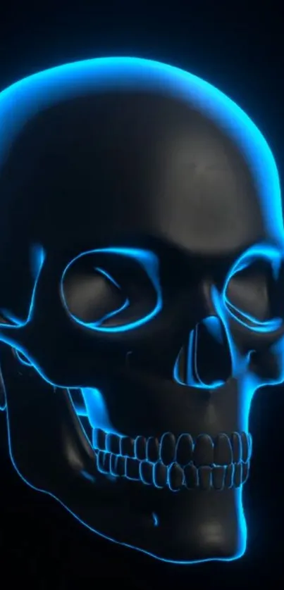 Glowing blue neon outlined skull on a dark background.