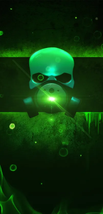 Glowing green skull with gas mask on dark background wallpaper.